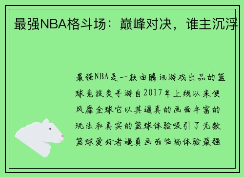最强NBA格斗场：巅峰对决，谁主沉浮